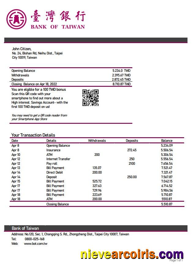 Taiwan Bank of Taiwan bank statement